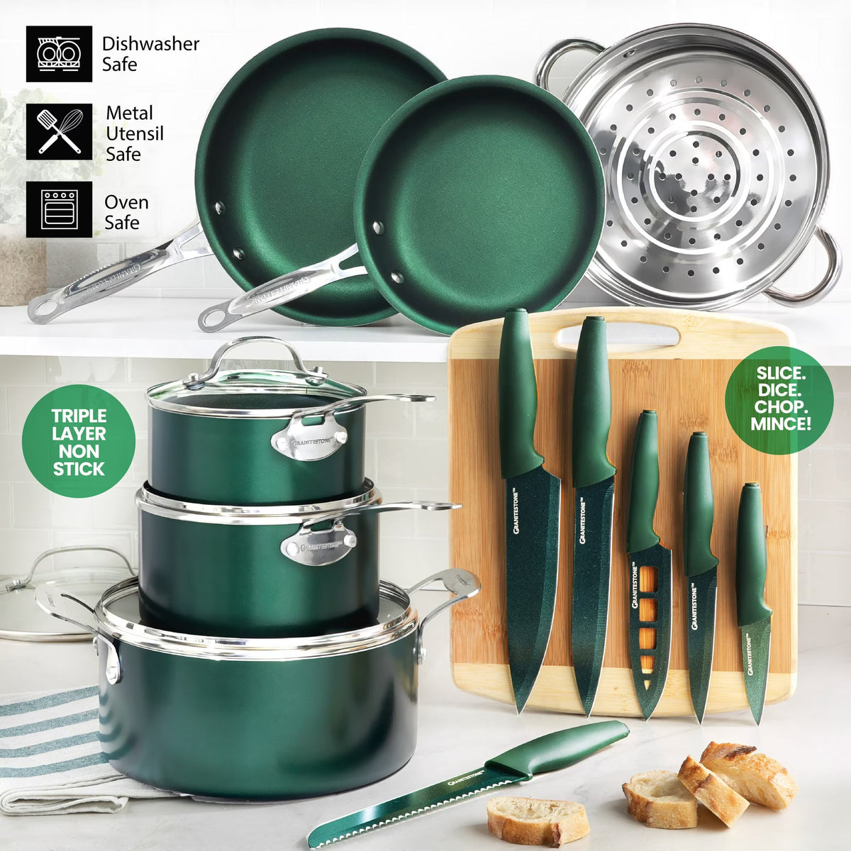 GraniteStone 21 Piece Heavy Duty Triple Layered Cookware Set Pots And Pans and More