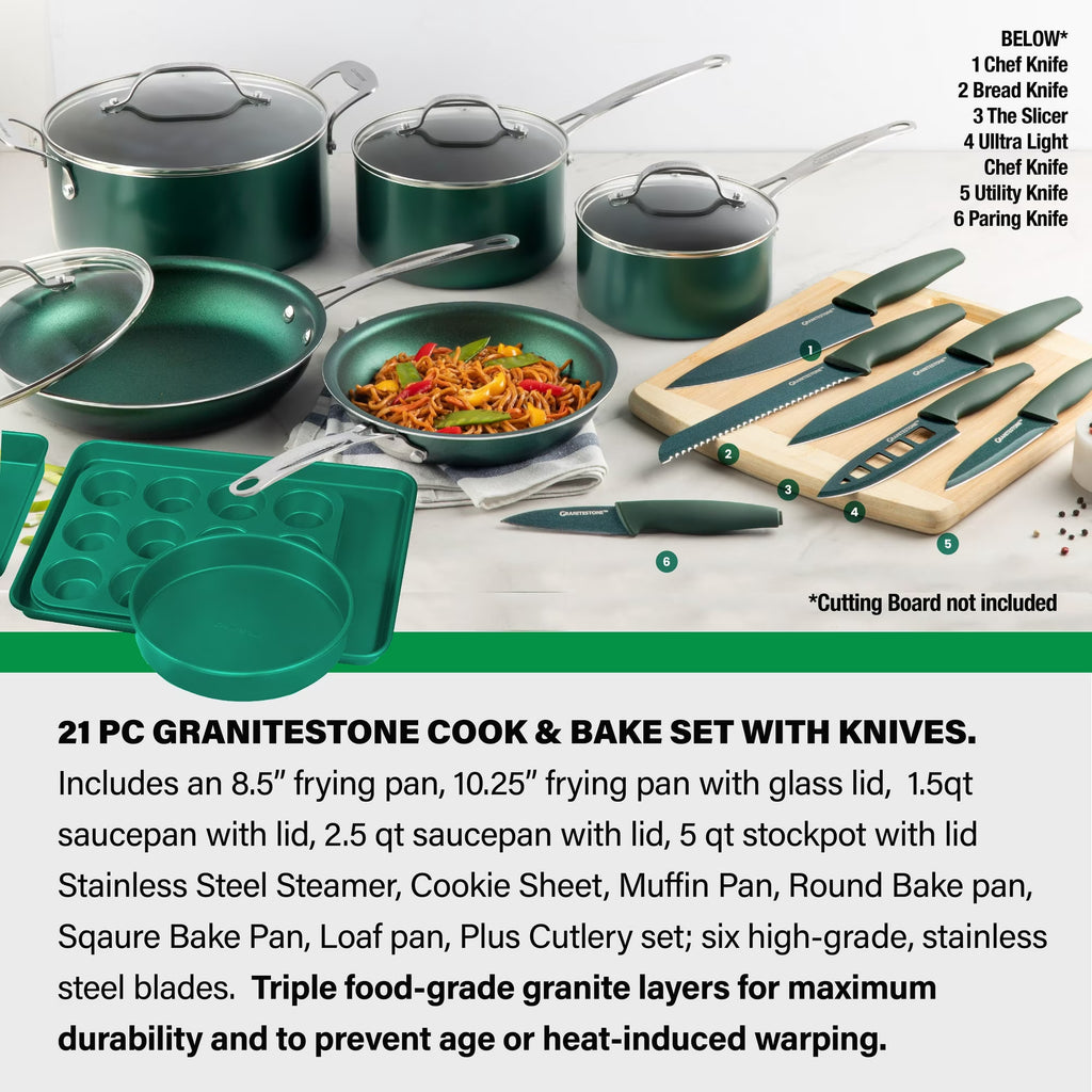 GraniteStone 21 Piece Heavy Duty Triple Layered Cookware Set Pots And Pans and More