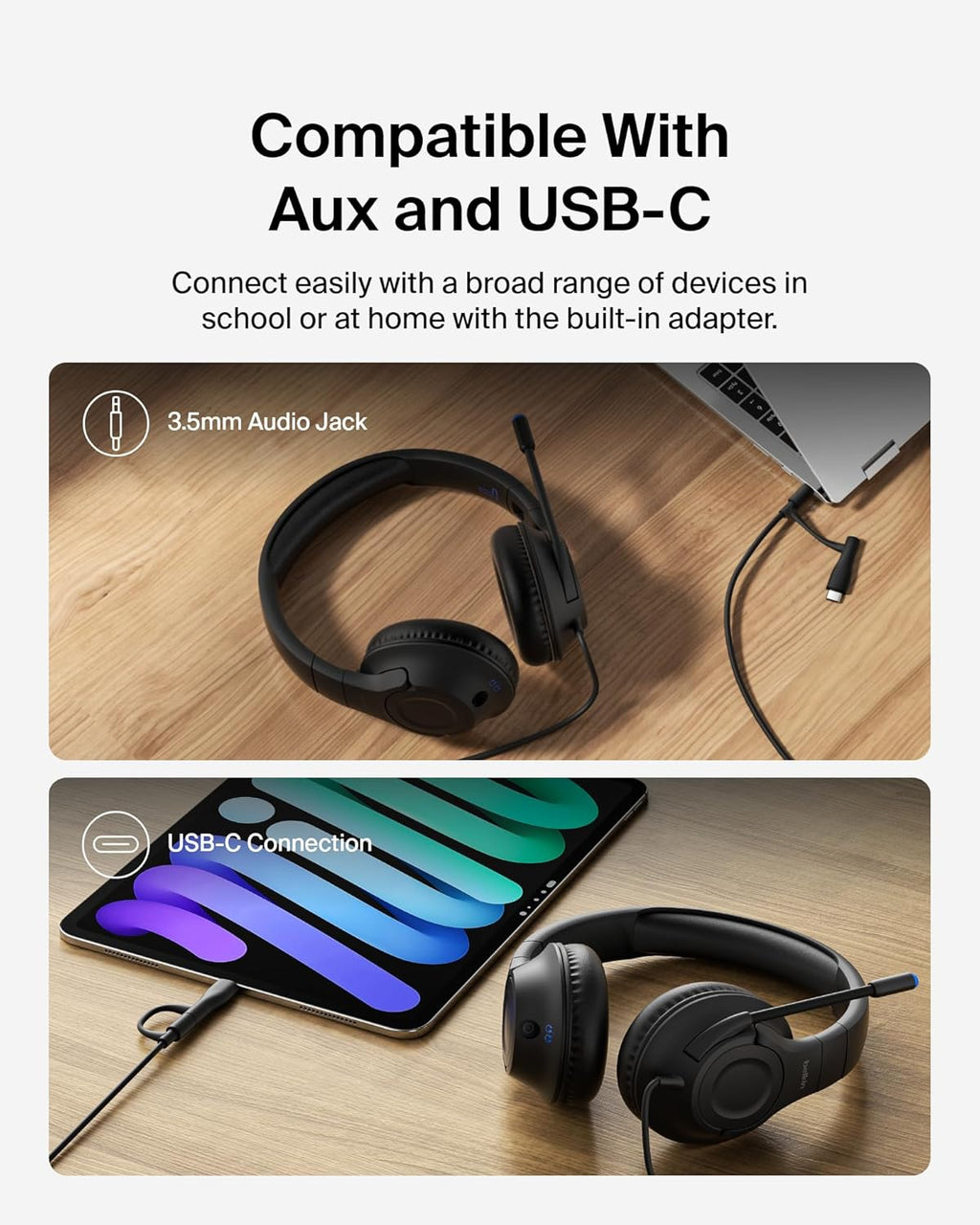 Belkin SoundForm Mini Wired Kids Headphones, On Ear, USB C to 3.5mm Adapter